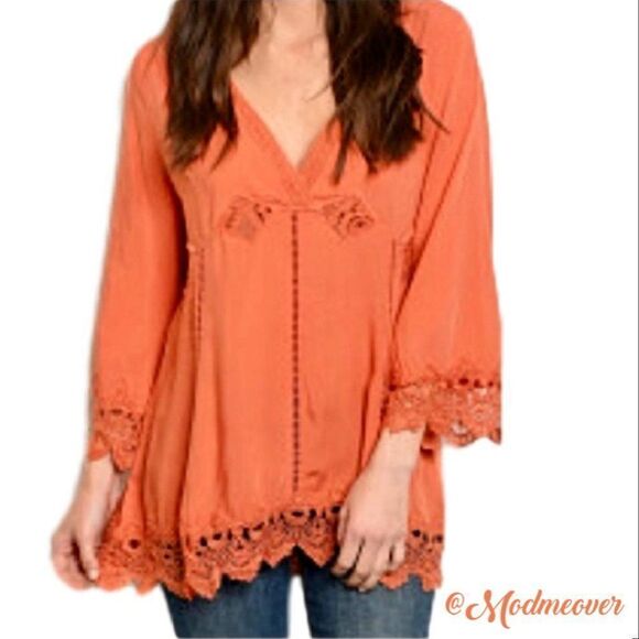 Boho Tunic ~ Pumpkin Spice ~ Embroidered ~ Scallop Lace Trim ~ NEW - Picture 1 of 10